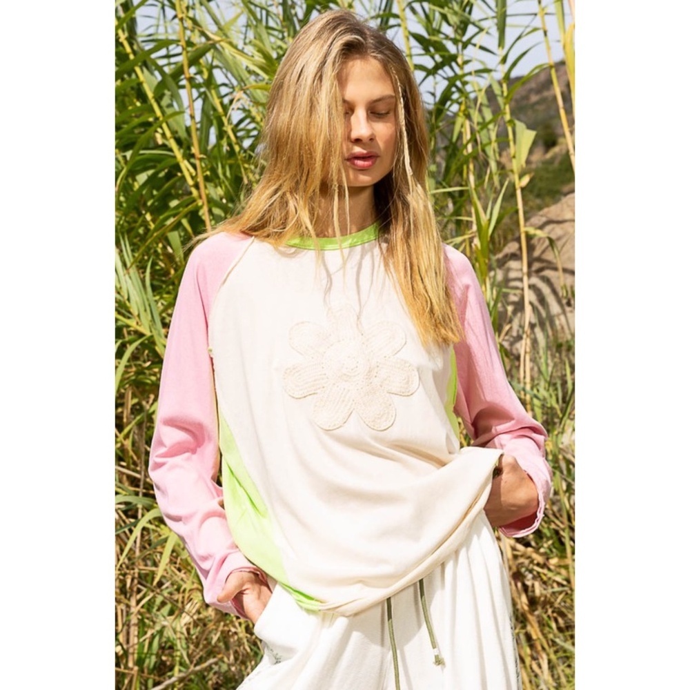 POL Pink & Lime Flower Patch Long Sleeve Cotton Jersey Top - Picture 11 of 13